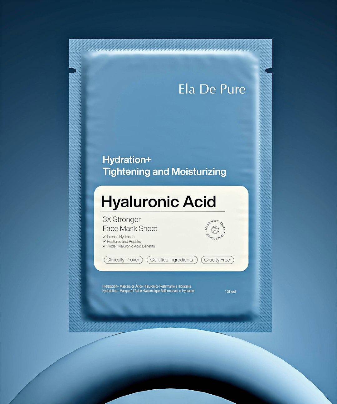 Ela De Pure Hyaluronic Acid Face Mask Sheet – designed for intense hydration, skin tightening, and moisturizing. Features 3X stronger formula with certified ingredients and cruelty-free assurance.